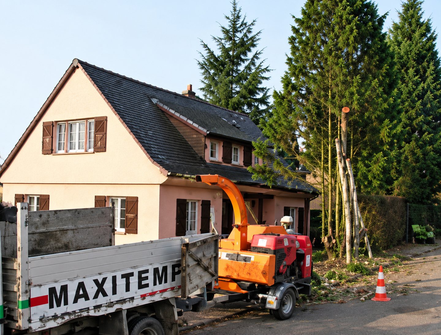 Un camion portant l'inscription MAXITEM est garé devant une maison, avec une machine orange en action près de grands arbres.