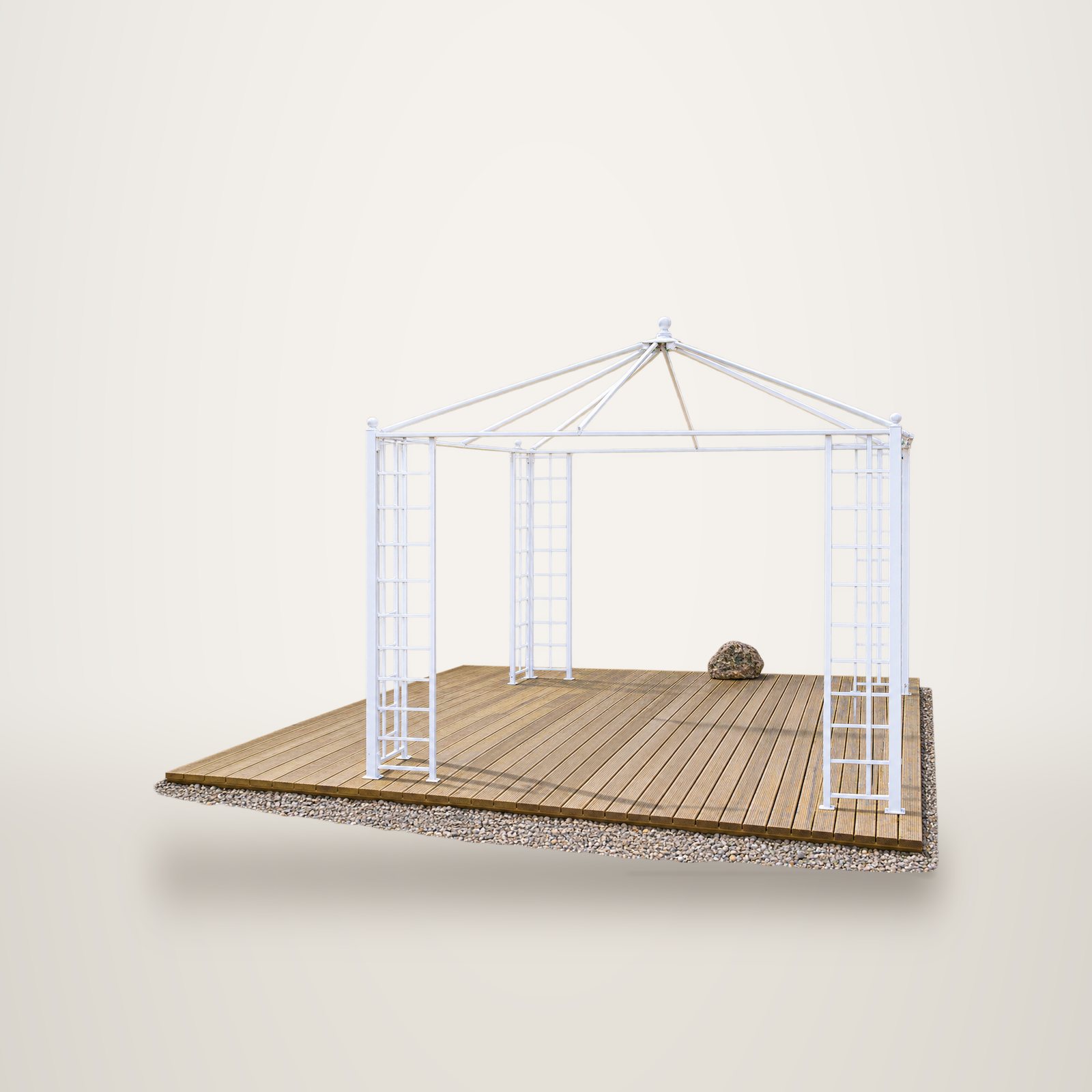 Pergola en métal blanc posée sur une terrasse en bois