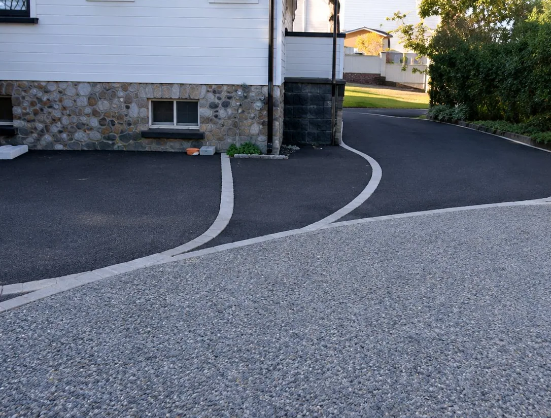 Une allée récemment aménagée en enrobé noir avec une bordure de gravillons gris devant une maison blanche.