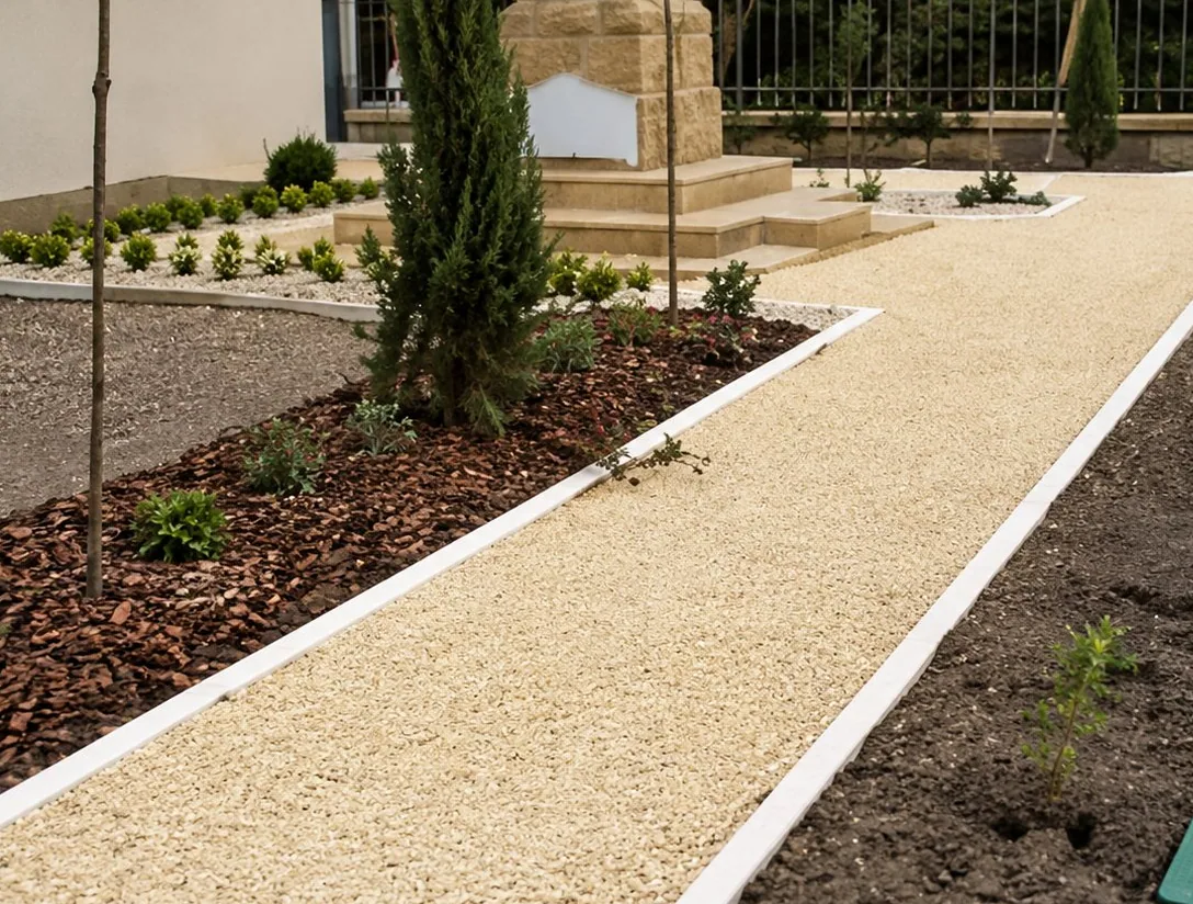 Une allée de gravier clair traverse un jardin récemment aménagé, avec des massifs de terre et de jeunes plantations de chaque côté.