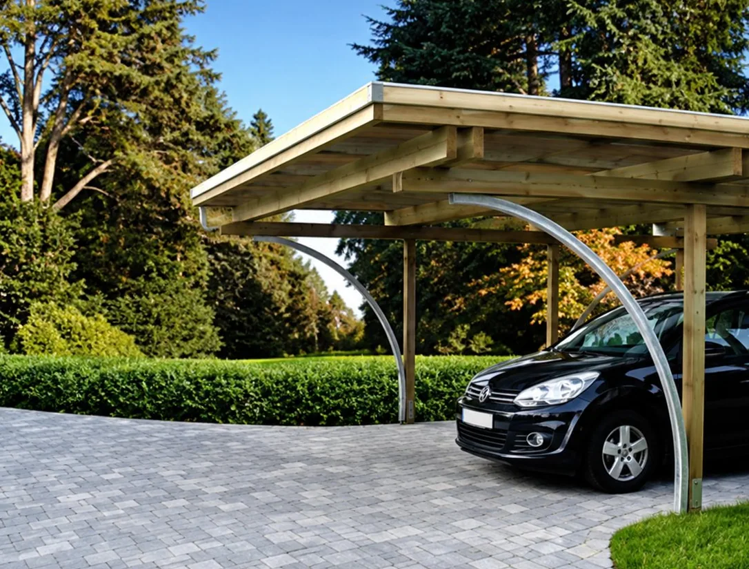 Un carport en bois à toit plat, soutenu par des montants métalliques courbes, abrite une voiture noire garée sur une allée gravillonnée devant une haie et des arbres.