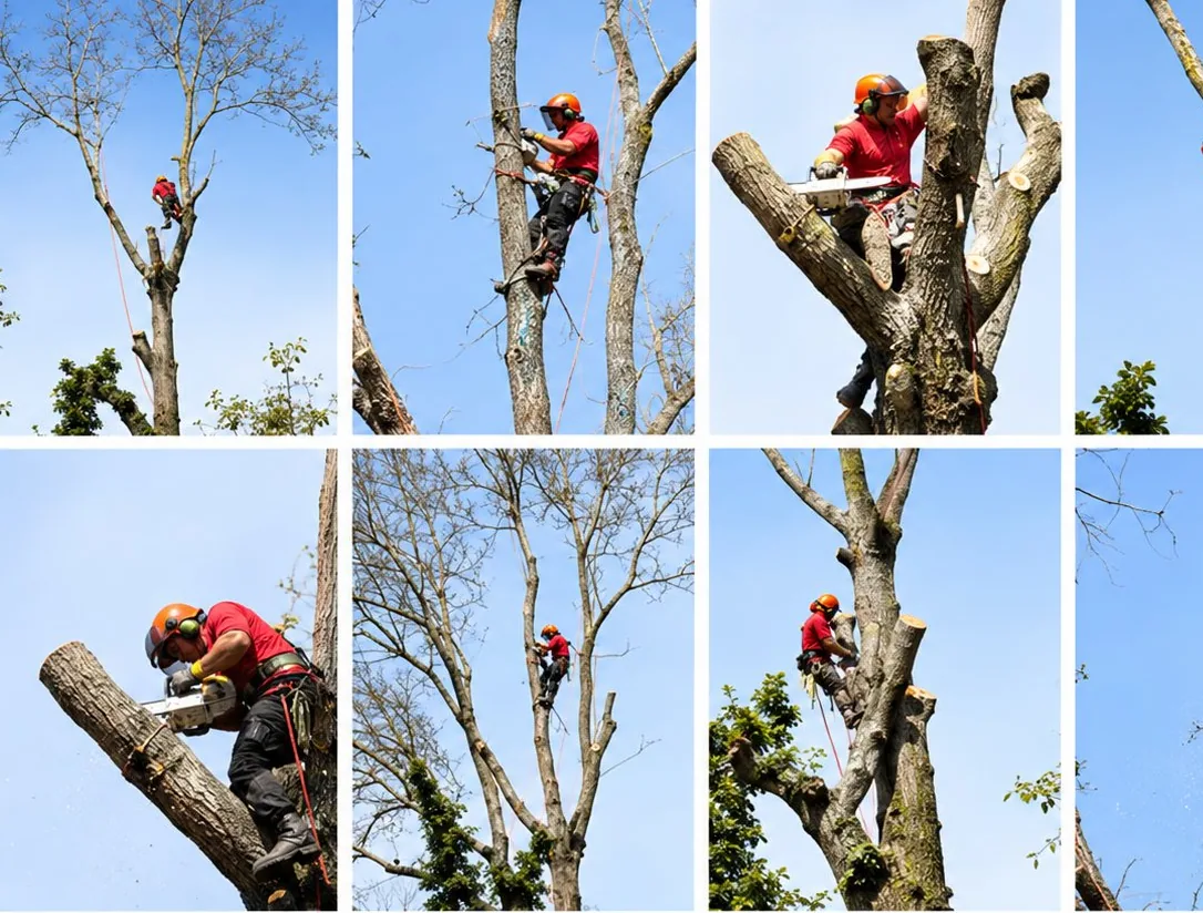 Collage de plusieurs photos montrant un élagueur en tenue orange grimpé dans des arbres pour les tailler.