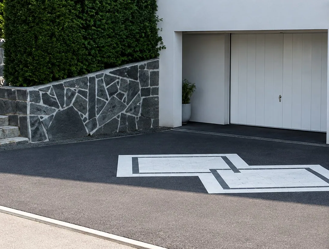 Une allée au revêtement sombre mène à des portes de garage blanches, avec un motif géométrique clair au sol et une rampe décorative à gauche.