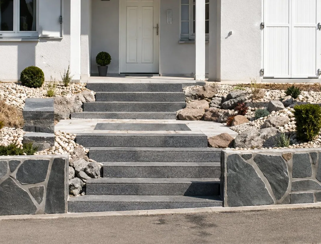 Un escalier en pierre grise mène à l'entrée d'une maison blanche, bordé de murets en pierre et d'un jardin de rocaille.
