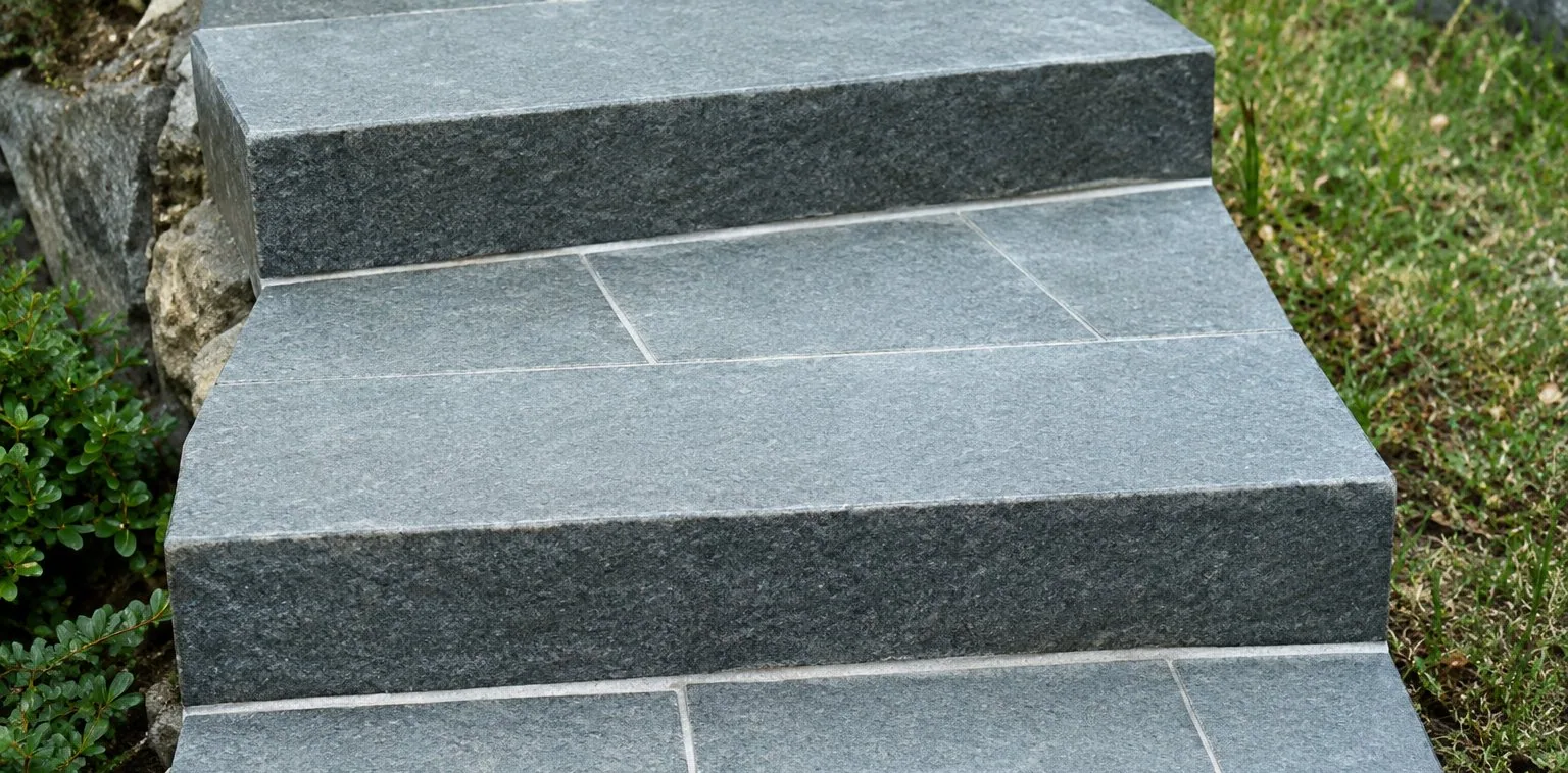Un escalier extérieur aux marches en dalles de pierre grise, entouré d'un peu de végétation.