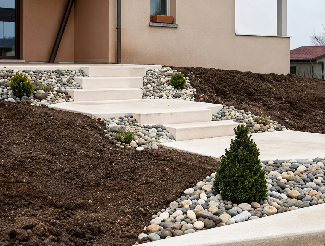 Un escalier en pierre claire bordé de rocaille et de terre fraîchement travaillée mène à l'entrée d'une maison aux murs beiges.