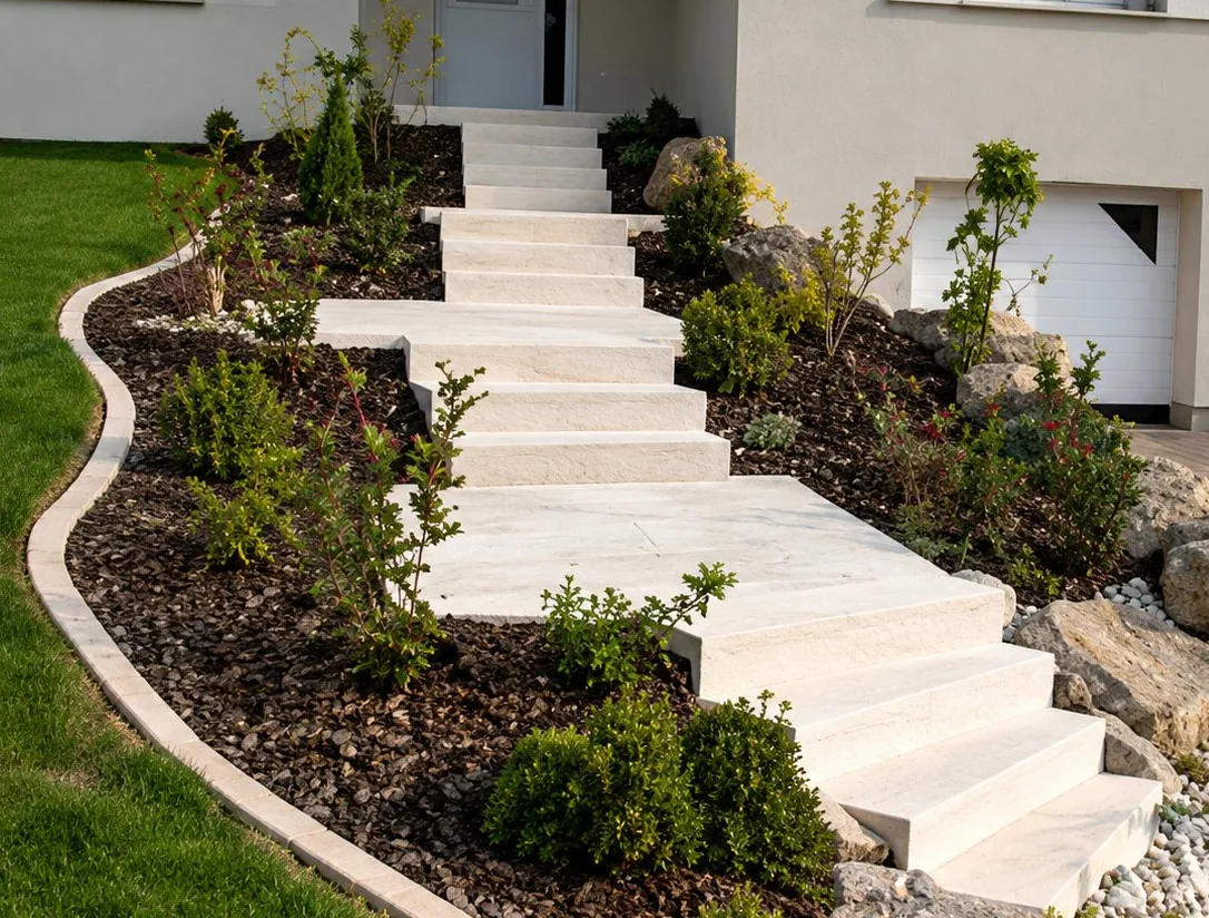Un escalier en pierre claire monte à travers un jardin en pente aménagé avec des massifs de plantes, des rochers et une bordure de gazon devant une maison.