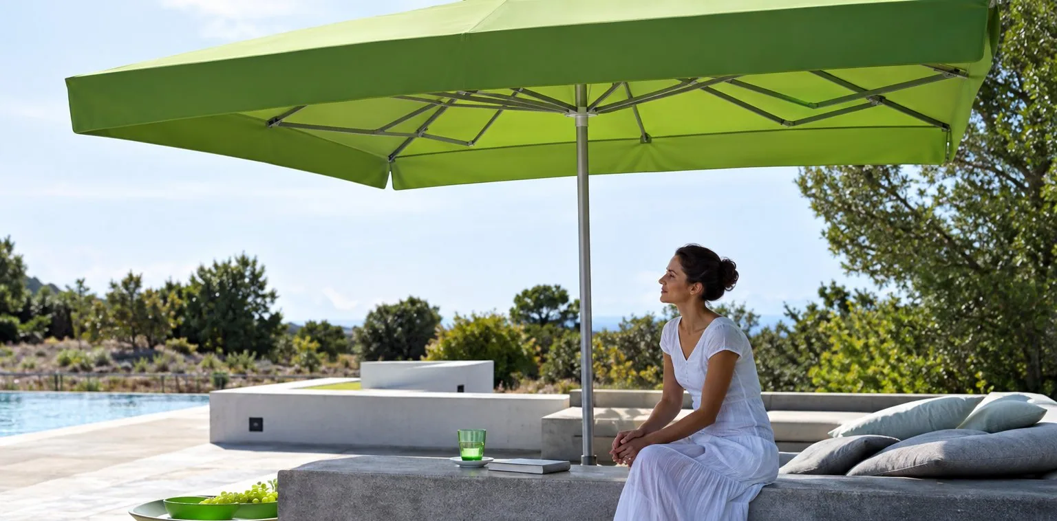 Une femme en robe blanche est assise sur un canapé d'extérieur sous un grand parasol vert, au bord d'une piscine entourée d'arbres.