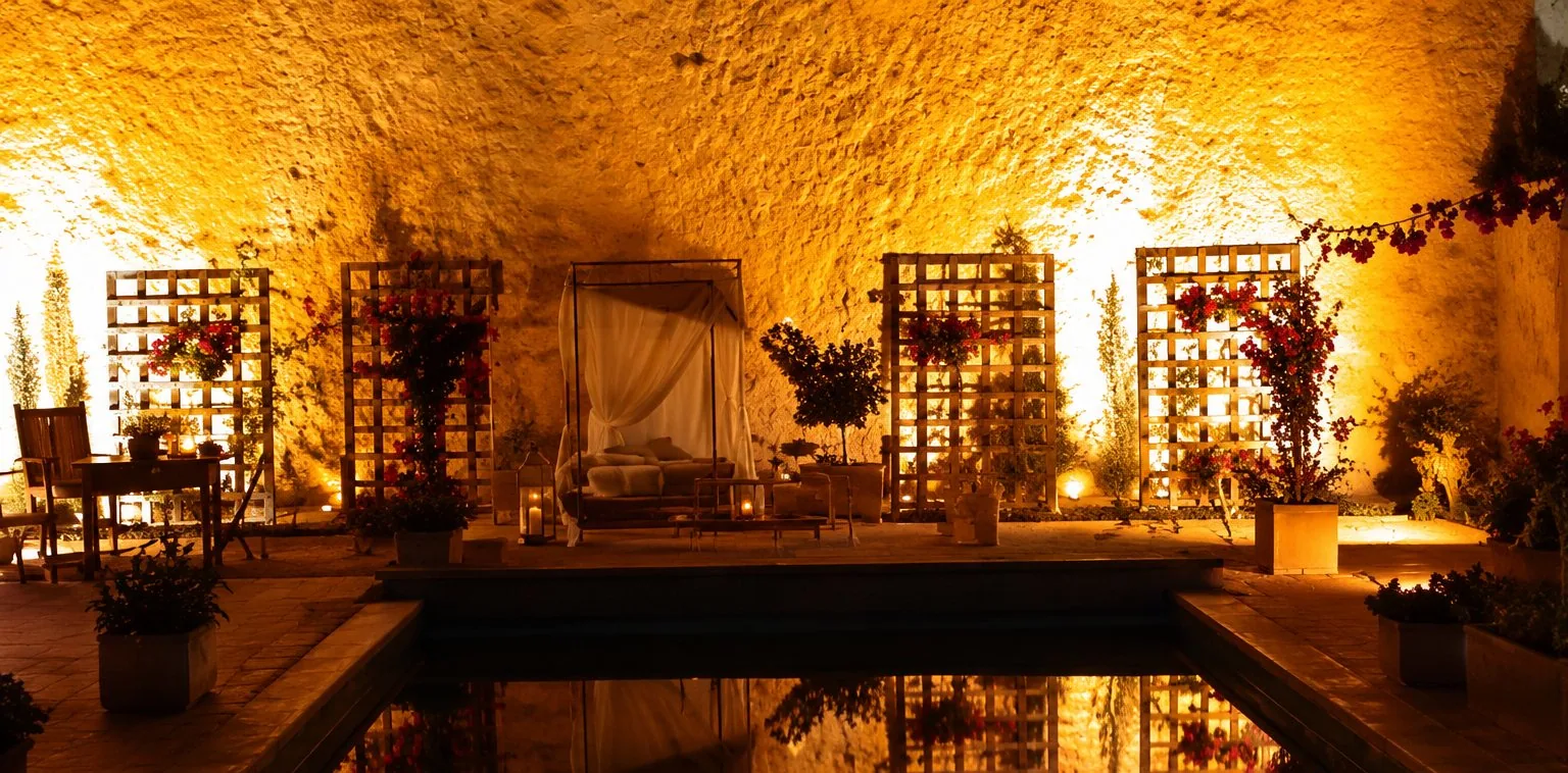 Une salle voûtée aux murs de pierre, baignée d'une lumière chaude dorée, se reflète dans l'eau calme d'un bassin au premier plan.
