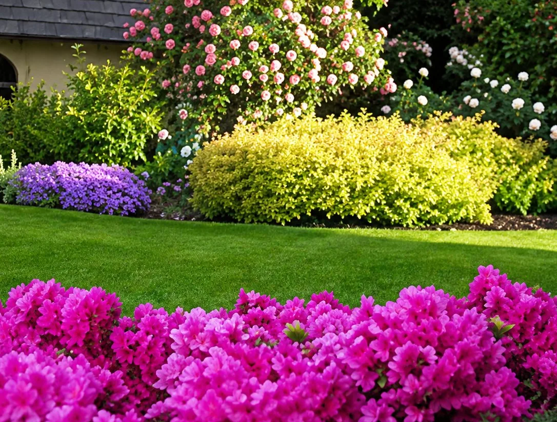 Un jardin soigné avec une pelouse verte, des azalées roses au premier plan et des arbustes jaunes et violets en arrière-plan.