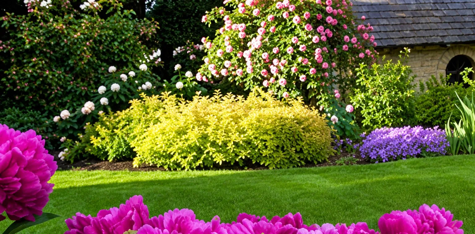 Un jardin soigné avec une pelouse verte bordée de rhododendrons roses en premier plan et de massifs d'arbustes fleuris au fond.