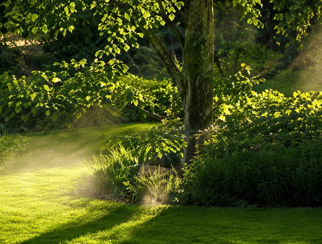 Une pelouse et des massifs verts dans un jardin ombragé, arrosés par un jet d'eau en brume éclairée par le soleil.