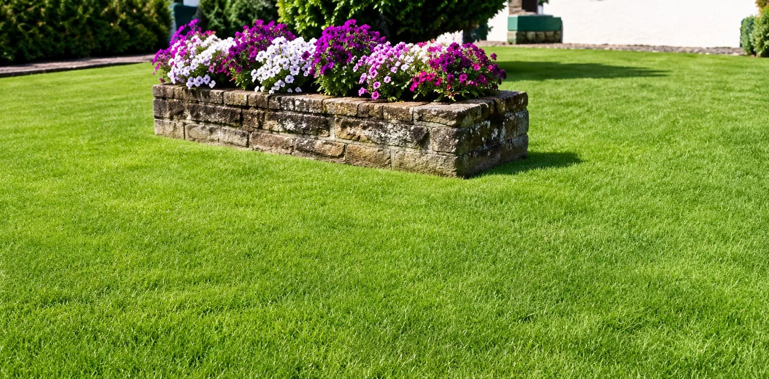 Une grande pelouse verte bien tondue avec une jardinière en pierre remplie de fleurs violettes et roses, accompagnée du mot Gazon.