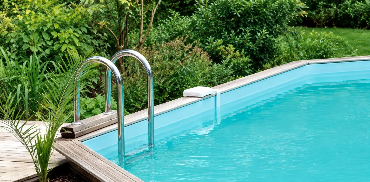 Une piscine en bois à l'eau turquoise, équipée d'une échelle en inox et entourée d'une terrasse en bois, avec un jardin à proximité.