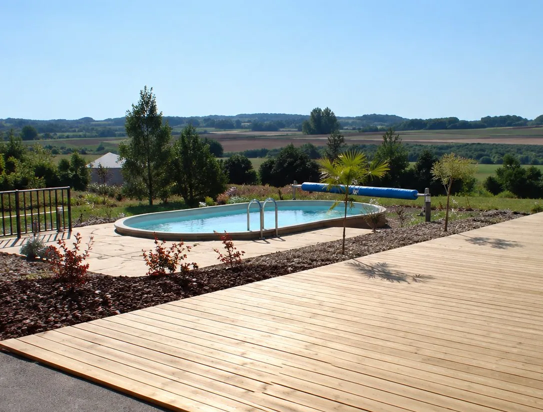 Une piscine entourée d'une grande terrasse en bois, avec un paysage de campagne dégagé en arrière-plan.