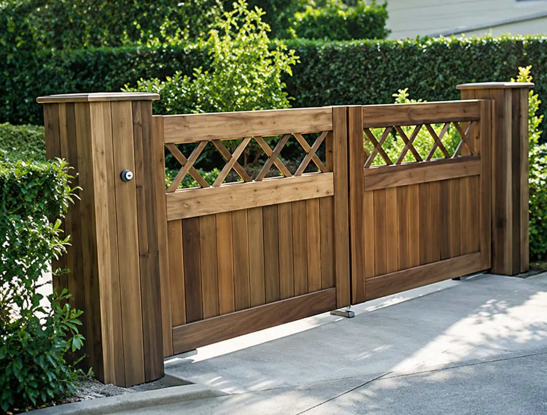 Un portail en bois à deux vantaux orné de croisillons décoratifs, installé à l'entrée d'une allée bordée de verdure.