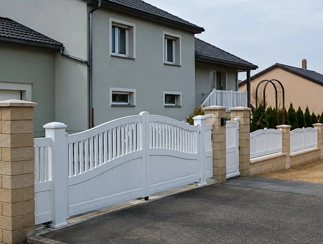 Un portail blanc à deux battants et une clôture blanche ajourée encadrés par des piliers en brique devant une maison de lotissement.