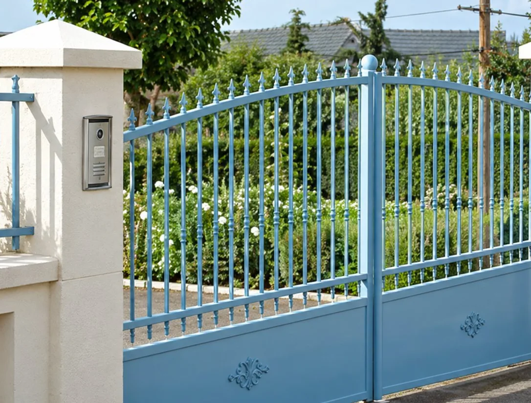 Un portail à deux battants en métal bleu et gris, fixé entre deux piliers clairs, devant un jardin verdoyant.