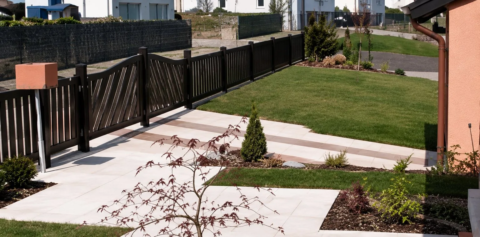 Un jardin aménagé avec une terrasse en dalles claires, un jeune arbre au premier plan, une pelouse et une clôture en bois sombre.
