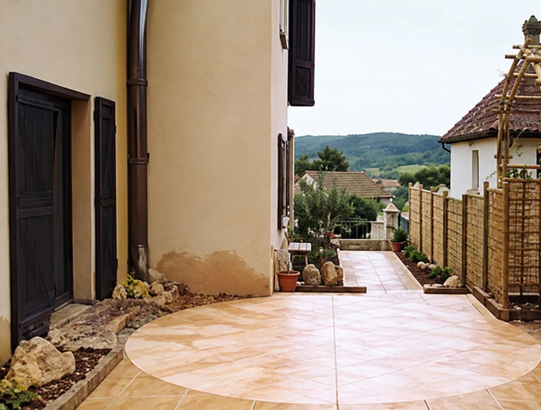 Une terrasse dallée de pierre beige longe le mur d'une maison et une clôture en bois, avec un paysage de collines au fond.