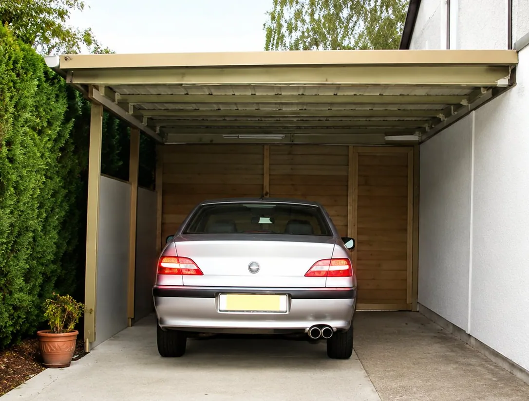 Une voiture grise est garée sous un carport couvert, entre un mur blanc et une haie verte.