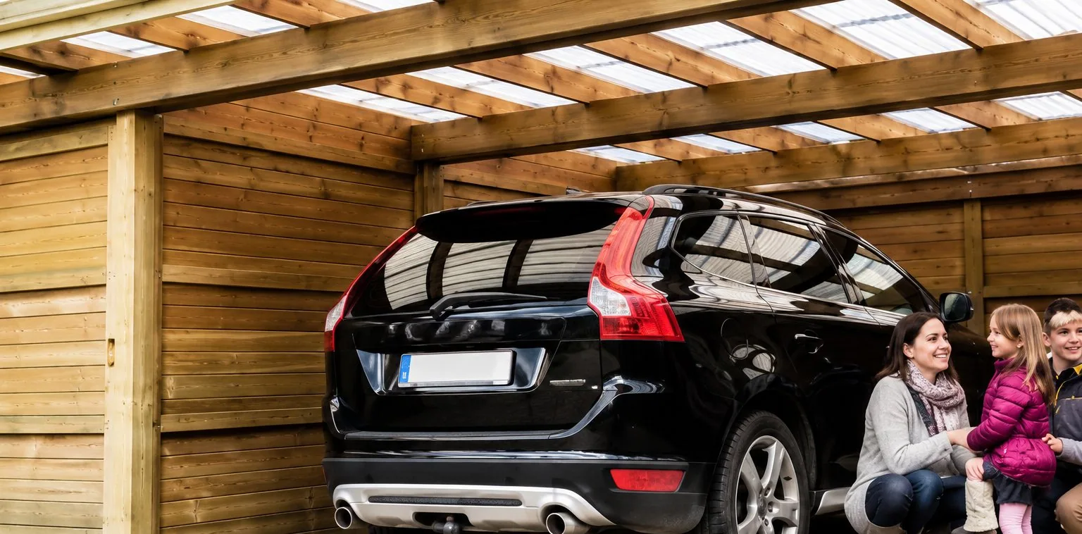 Une voiture noire est garée sous un carport en bois, à côté de deux personnes accroupies près de l'arrière du véhicule.